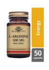 Solgar L-Arginiini -pullo, ruskea lasi, kultainen kierrekorkki, kiiltäväpinta; keltainen "Energy"-korostus, 500 mg, 50 kapselia, lihavoitu antiikvateksti