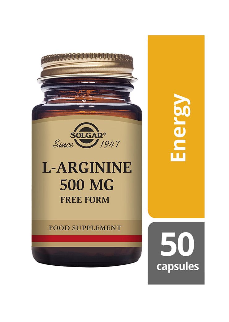 Solgar L-Arginiini -pullo, ruskea lasi, kultainen kierrekorkki, kiiltäväpinta; keltainen "Energy"-korostus, 500 mg, 50 kapselia, lihavoitu antiikvateksti