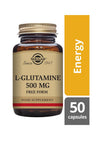 Solgar L-Glutamiini -pullo, ruskea lasipullo kultaisella korkilla; keltainen "Energy"-osio etiketissä, 50 kapselia