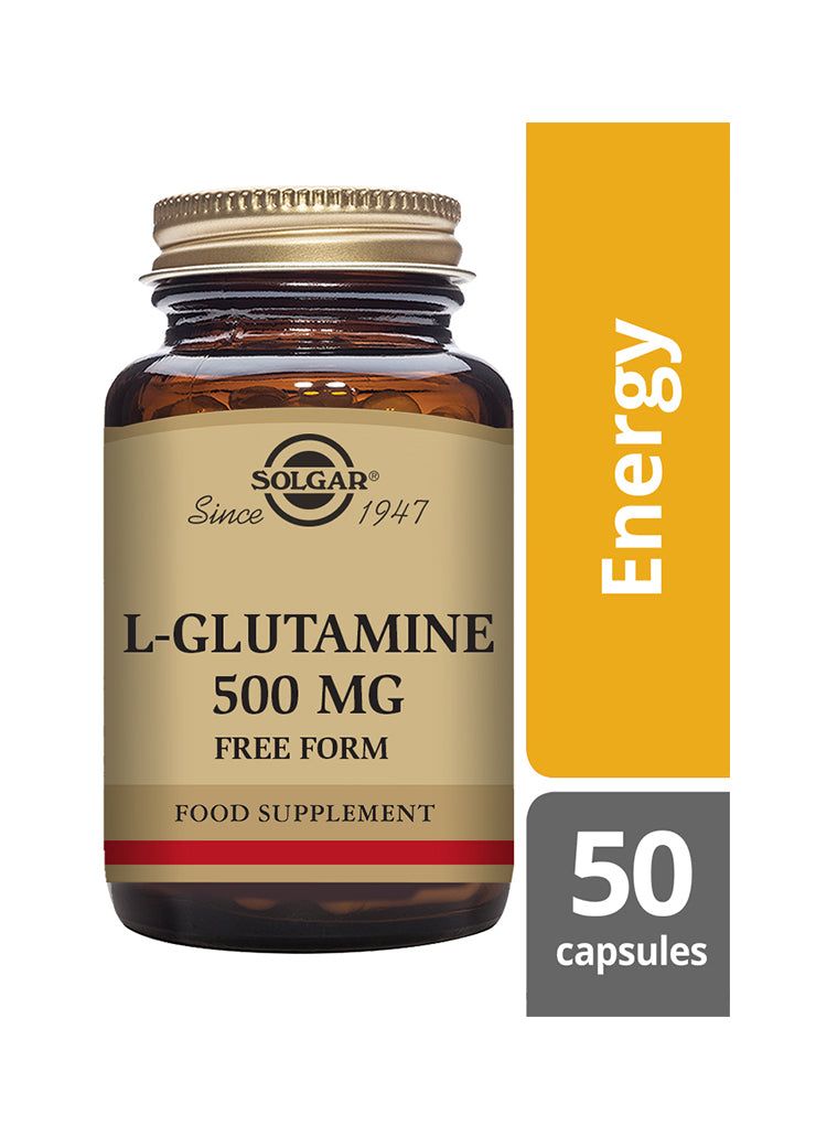 Solgar L-Glutamiini -pullo, ruskea lasipullo kultaisella korkilla; keltainen "Energy"-osio etiketissä, 50 kapselia