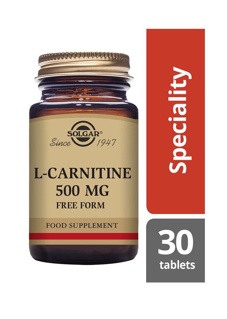 Solgar L-Karnitiini -pullo, ruskea lasipullo kultaisella uritetulla korkilla; 30 tablettia, "Speciality"-merkintä