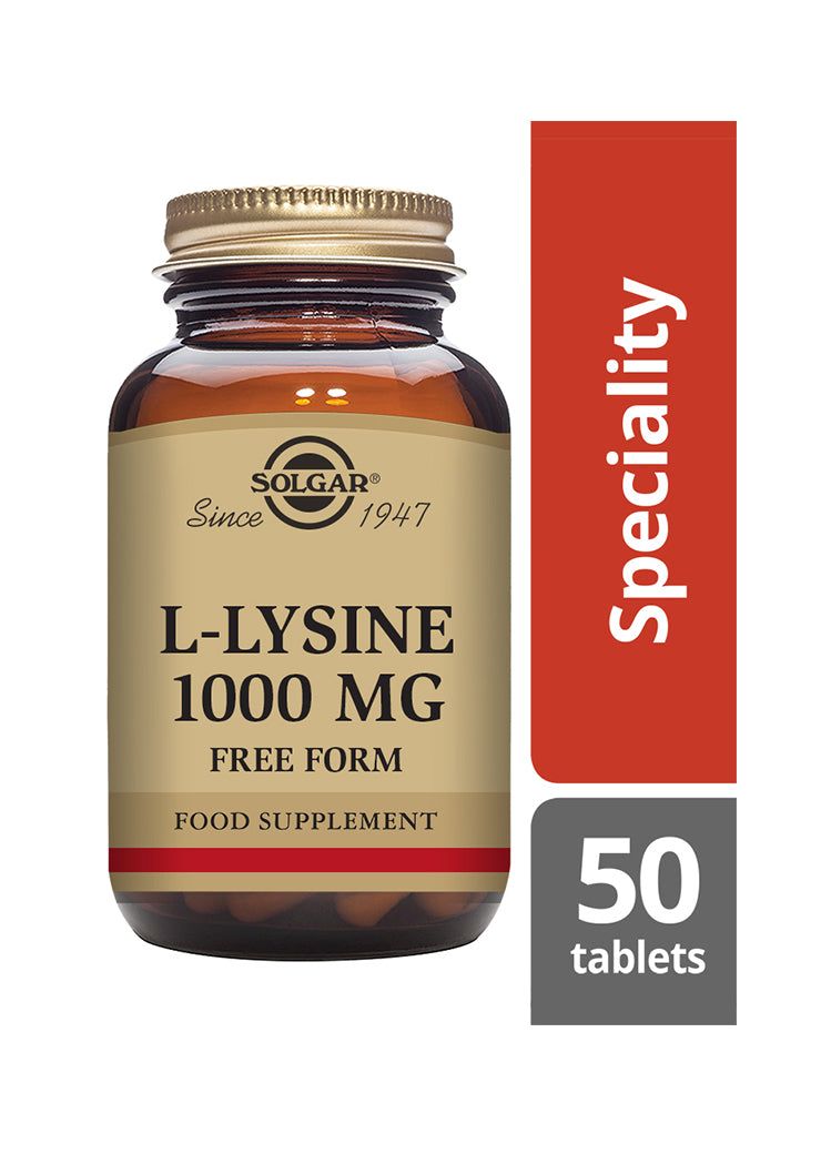 Solgar L-Lysiini 1000 mg -pullo, ruskea lasipullo kultaisella metallikorkilla; "Speciality"-merkintä, 50 tablettia