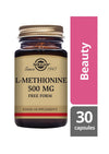 Solgar L-Metioniini -pullo, meripihkanvärinen lasi, matta kultainen muovikierrekorkki; beige etiketti tummalla tekstillä, vaaleanpunainen "Beauty"-laatikko, 500 mg, 30 kapselia