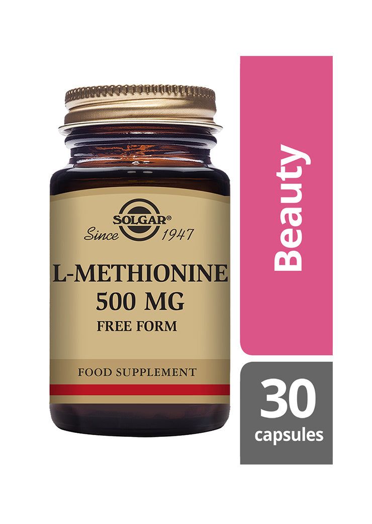Solgar L-Metioniini -pullo, meripihkanvärinen lasi, matta kultainen muovikierrekorkki; beige etiketti tummalla tekstillä, vaaleanpunainen "Beauty"-laatikko, 500 mg, 30 kapselia