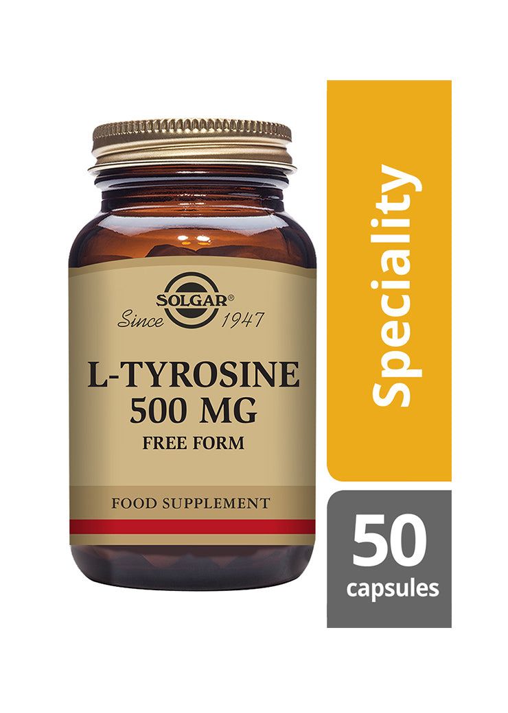 Solgar L-Tyrosiini 500 mg -pullo, ruskea lasi, kultainen matta kierrekorkki; kermanvärinen etiketti musta-kultaisella tekstillä, keltainen "Speciality"-laatikko oikealla, 50 kapselia