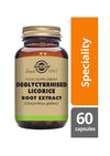 Solgar Lakritsijuuriuute (deglysirritsinoitu) -pullo, ruskea lasi, mattapinta, kultainen kierrekorkki; "Speciality", Glycyrrhiza glabra mainittu, 60 kapselia, antiikva- ja groteskiteksti beigellä pohjalla