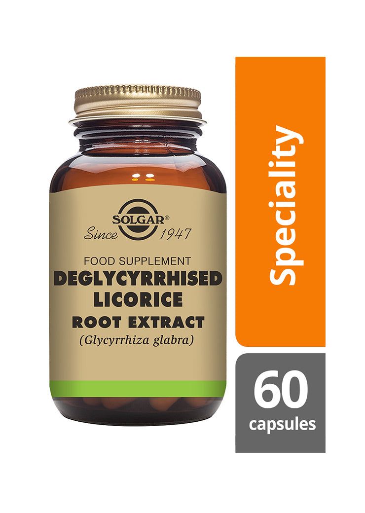Solgar Lakritsijuuriuute (deglysirritsinoitu) -pullo, ruskea lasi, mattapinta, kultainen kierrekorkki; "Speciality", Glycyrrhiza glabra mainittu, 60 kapselia, antiikva- ja groteskiteksti beigellä pohjalla
