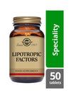 Solgar Lipotropic Factors -pullo, kirkas ruskea lasi, kiiltäväpinta, kultainen korkki, vihreä-harmaa kääre-etiketti; "Speciality", 50 tablettia, antiikva- ja groteskiteksti