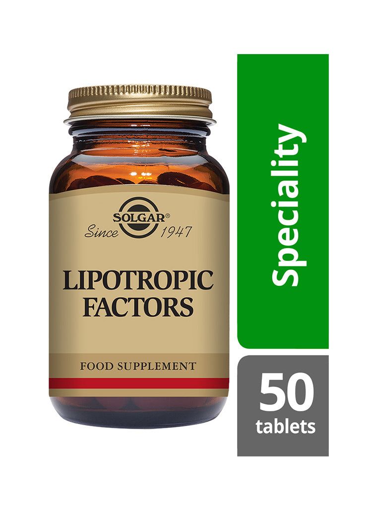 Solgar Lipotropic Factors -pullo, kirkas ruskea lasi, kiiltäväpinta, kultainen korkki, vihreä-harmaa kääre-etiketti; "Speciality", 50 tablettia, antiikva- ja groteskiteksti