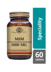 Solgar MSM (metyylisulfonyylimetaani) 1000 mg -pullo, Specialty-sarja, 60 tablettia; tummanmeripihkanvärinen sylinterinmuotoinen pullo kultaisella kierrekorkilla, musta-kultainen serifiteksti etiketissä
