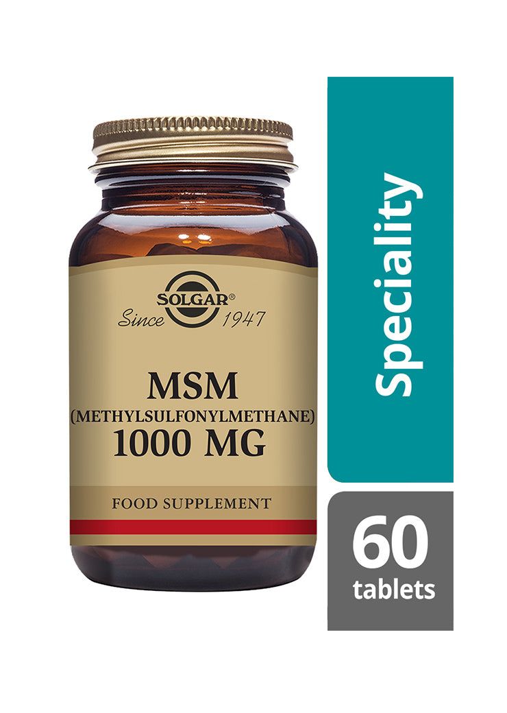 Solgar MSM (metyylisulfonyylimetaani) 1000 mg -pullo, Specialty-sarja, 60 tablettia; tummanmeripihkanvärinen sylinterinmuotoinen pullo kultaisella kierrekorkilla, musta-kultainen serifiteksti etiketissä