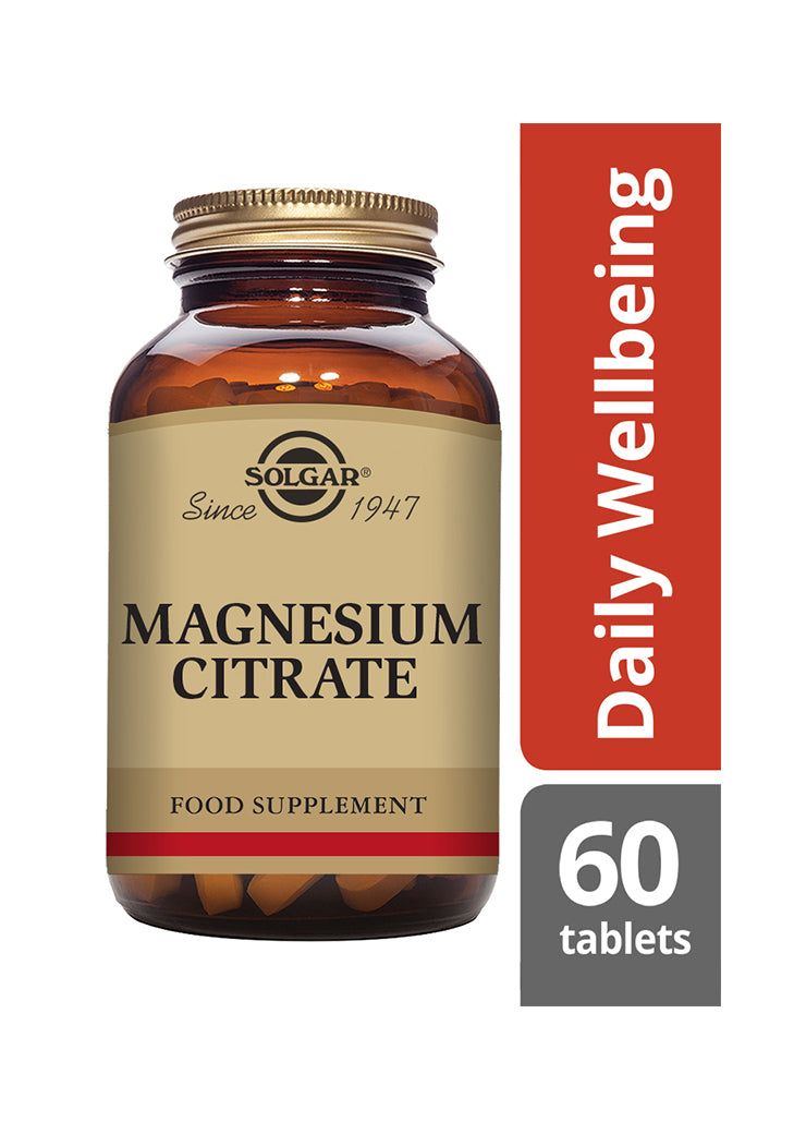 Solgar Magnesiumsitraatti -pullo, ruskea lasipullo mattapintaisella etiketillä; kultainen etiketti, 60 tablettia