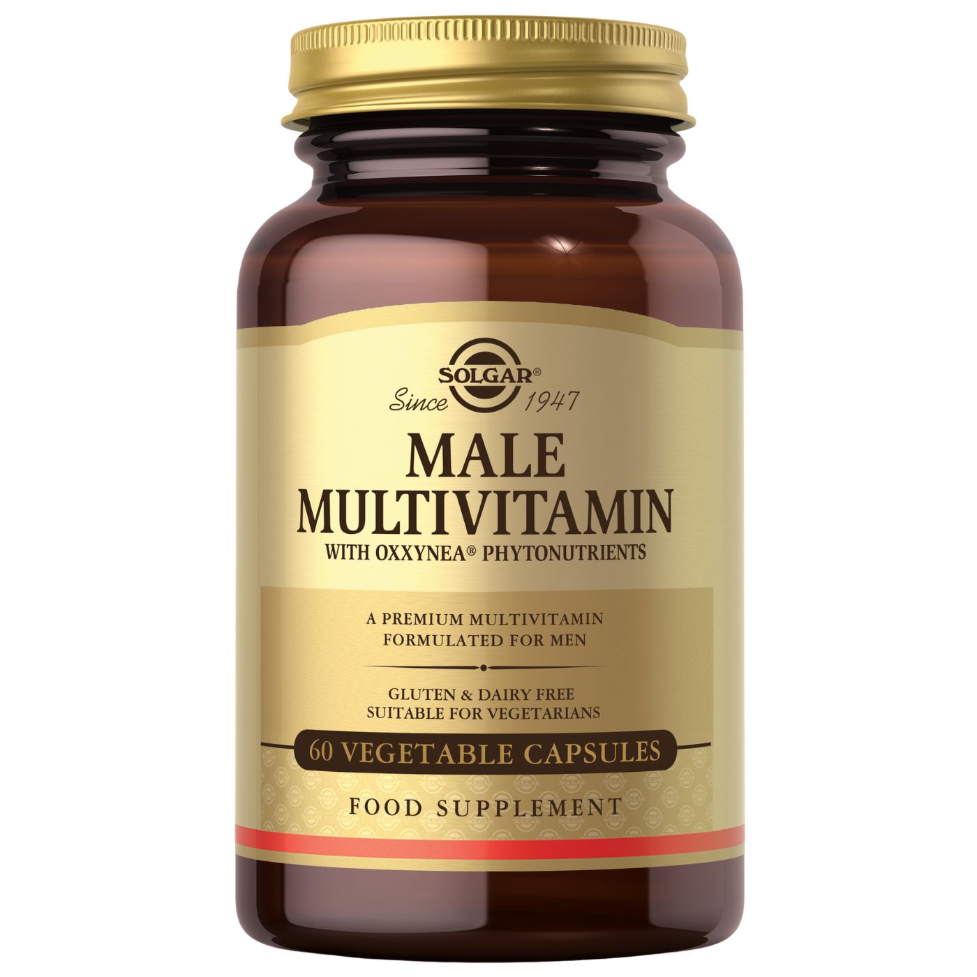 Solgar Male Multivitamin: ruskea pullo tekstillä "Solgar Male Multivitamin", 60 kasvikapselia, gluteeniton ja maidoton, sopii kasvissyöjille, kehitetty miehille; pullo on sylinterimäinen mattapinnalla, kultainen kierrekorkki ja kultainen etiketti mustalla ja ruskealla versaalitekstillä; ei ihmisiä tai käsiä näkyvissä; tausta on yksinkertainen, tuote näkyy kokonaan pystyasennossa.