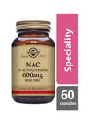 Solgar N-Asetyylikysteiini (NAC) 600 mg -pullo, ruskea, kultainen kierrekorkki; kermanvärinen mattapaperietiketti punaisella ja mustalla tekstillä, "Speciality", 60 kapselia