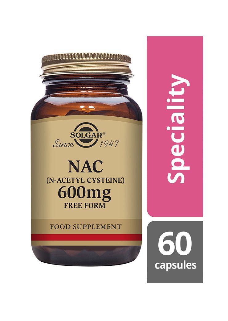 Solgar N-Asetyylikysteiini (NAC) 600 mg -pullo, ruskea, kultainen kierrekorkki; kermanvärinen mattapaperietiketti punaisella ja mustalla tekstillä, "Speciality", 60 kapselia