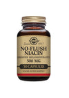 A brown glass bottle with a gold-colored metal screw cap and a glossy finish, cylindrical in shape. The label reads Solgar No-Flush Niacin (Inositol Hexanicotinate) 500 mg, 50 capsules, food supplement with inositol; the label uses serif and bold sans-serif typography. The product stands upright on a plain white background. No people or hands are present.