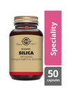 Solgar Oceanic Silica -pullo, ruskea lasi, leveä sylinterinmuoto, kultainen kierrekorkki; 25 mg alkuainepiitä, "Speciality" ja "50 capsules" vaaleanpunaisilla ja harmailla laatikoilla