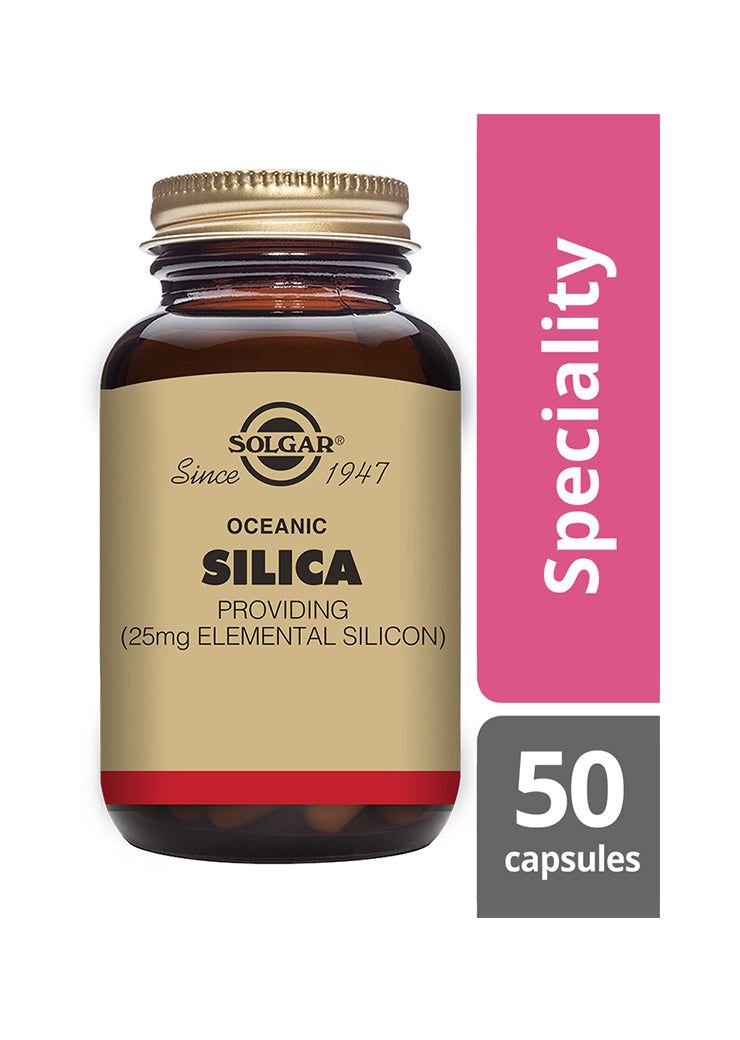Solgar Oceanic Silica -pullo, ruskea lasi, leveä sylinterinmuoto, kultainen kierrekorkki; 25 mg alkuainepiitä, "Speciality" ja "50 capsules" vaaleanpunaisilla ja harmailla laatikoilla