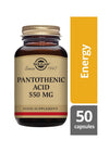 Solgar Pantoteenihappo 550 mg -pullo, ruskea sävytetty lasi, heijastava pinta, kultainen korkki beigein ja punaisin korostuksin; "Energy"-korostus, 50 kapselia, antiikva- ja groteskiteksti