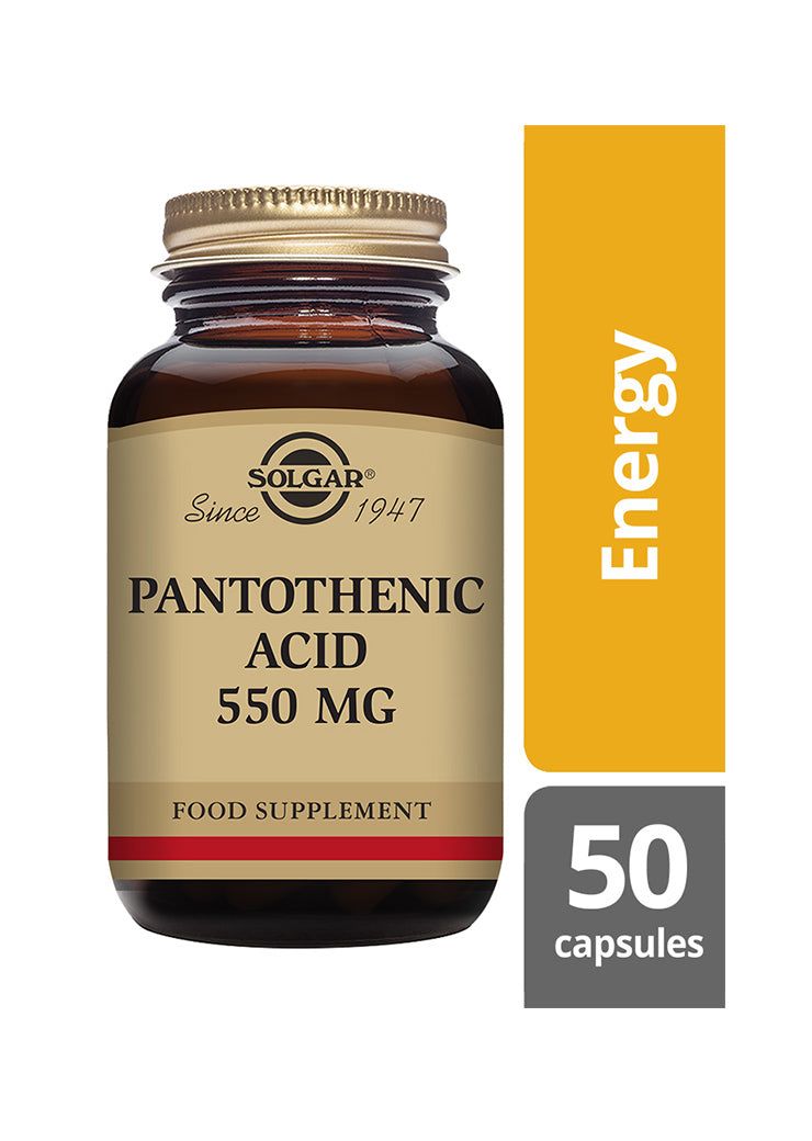 Solgar Pantoteenihappo 550 mg -pullo, ruskea sävytetty lasi, heijastava pinta, kultainen korkki beigein ja punaisin korostuksin; "Energy"-korostus, 50 kapselia, antiikva- ja groteskiteksti