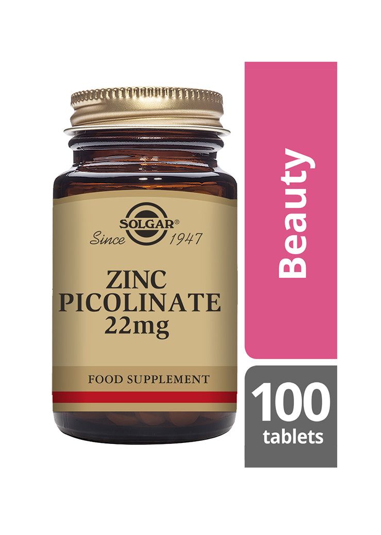 Solgar Sinkkipikolinaatti -pullo, tummanruskea, mattapinta, kultainen metallinen kierrekorkki; harmaa-valkoinen etiketti "zinc 100 tablets", vaaleanpunainen "Beauty"-laatikko sivussa
