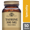 Solgar Tauriini 500 mg -pullo, ruskea, mattapinta, kultainen korkki; "Since 1947" ja "Speciality" sivulla, keltainen "50 capsules"-laatikko oikeassa alakulmassa, antiikvateksti