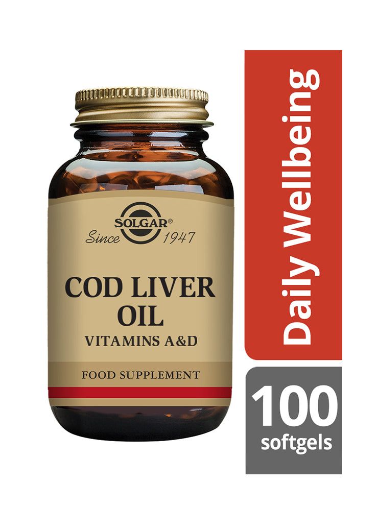 Solgar Turskanmaksaöljy -pullo, ruskea läpikuultava muovipullo kultaisella korkilla; A- ja D-vitamiini, 100 pehmytkapselia