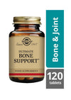 Solgar Ultimate Bone Support -pullo, ruskea lasi, pyöreä muoto, kultainen uritettu metallikorkki; tumma sininen ja kultainen antiikvateksti, "Bone & Joint", 120 tablettia
