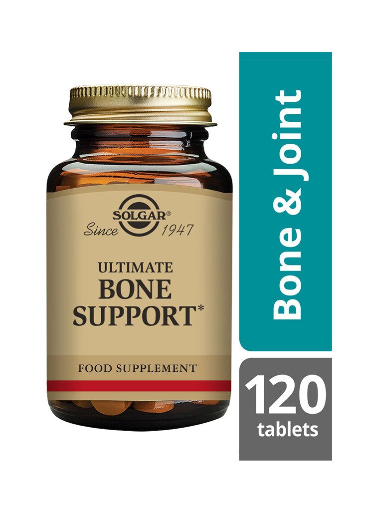Solgar Ultimate Bone Support -pullo, ruskea lasi, pyöreä muoto, kultainen uritettu metallikorkki; tumma sininen ja kultainen antiikvateksti, "Bone & Joint", 120 tablettia