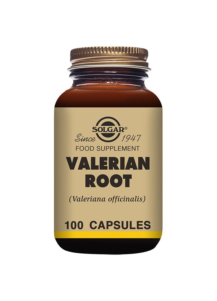 Solgar Valeriaana (Valeriana officinalis) -pullo, ruskea lasi, kiiltävä kultainen kierrekorkki, matta kulta-musta etiketti; versaaliantiikvateksti, 100 kapselia yrttiuutetta