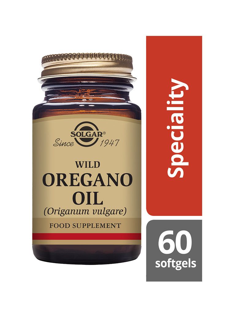 Solgar Villioreganoöljy -pullo, ruskea lasi, pyöreä muoto, beige mattaetiketti; kulta- ja punanauhat, "Speciality", 60 pehmeäkapselia, antiikvateksti