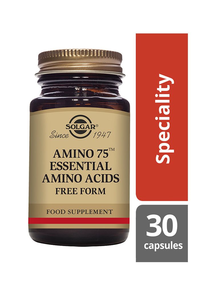 Solgar Amino 75 -pullo, tummanmeripihkanvärinen lasipullo kultaisella metallikorkilla; 30 kapselia, välttämättömät aminohapot