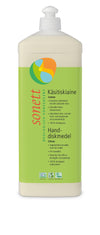 A large translucent plastic bottle of Sonett lemon hand dishwashing liquid with a matte green label. The label has printed text in Finnish and Swedish in a sans-serif font and eco-friendly certification symbols aligned at the bottom edge. Rectangular label, standard bottle shape, no visible people or background elements. Studio-style product shot.