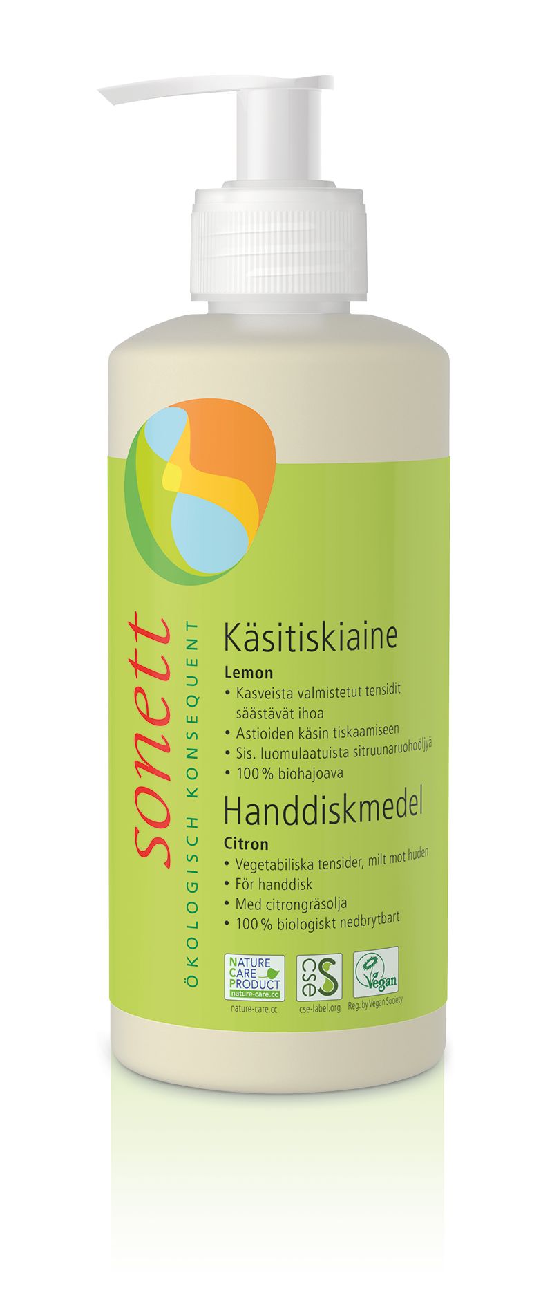 A bottle of Sonett Lemon Hand Dishwashing Liquid with a pump dispenser, featuring eco-friendly green and yellow labeling in Finnish and Swedish, and various certification logos at the bottom. The bottle is clear plastic with a matte surface, cylindrical shape, and white pump. Label uses sans-serif fonts. Product is centered on a plain white background; no people or hands visible.