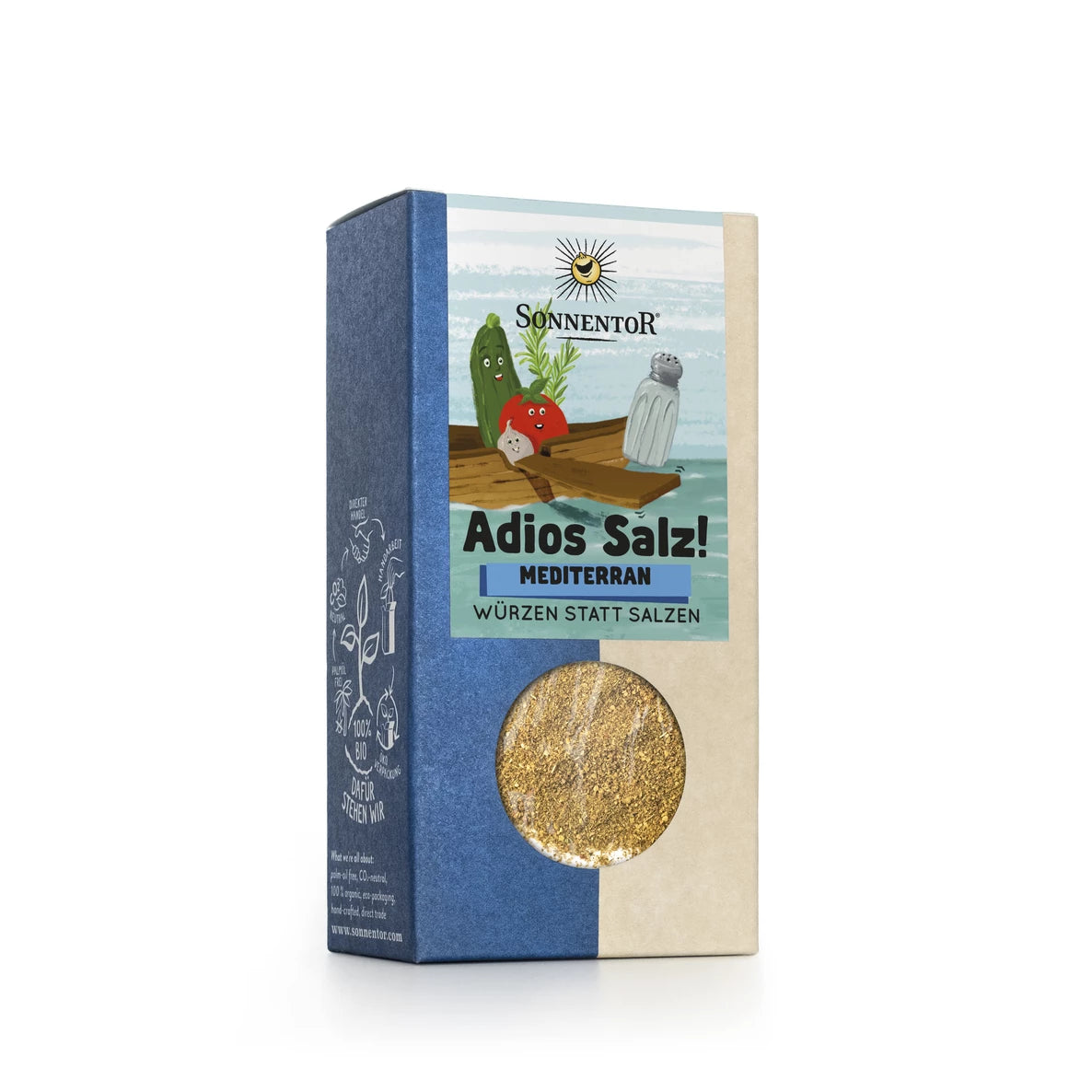 Sininen ja beige laatikko Sonnentor Adios Salz! Mediterran -mausteseosta, jossa on sarjakuvamaisia vihanneksia ja suolasirotin etiketissä, sekä ikkuna paljastaa Välimeren mausteseoksen sisällä. Mattapintainen pahvipakkaus; suorakulmainen muoto; luettava tuotenimi lihavoidulla pääteviivattomalla fontilla; pelkistetty studiotausta; ihmisiä tai käsiä ei näy.