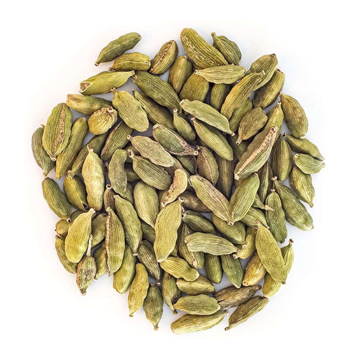 A pile of whole green cardamom pods is arranged in a loose circle on a white background, highlighting their vibrant green color and aromatic presence. Product type: whole cardamom pods. Color: medium to light green, subtle natural variation. Surface finish: matte with faint ridges visible on shells. Shape: oval, slightly elongated pods with pointed tips. Background is solid white; no packaging or labels present. No people or hands in the image; top-down view shows clear separation between pods and clean