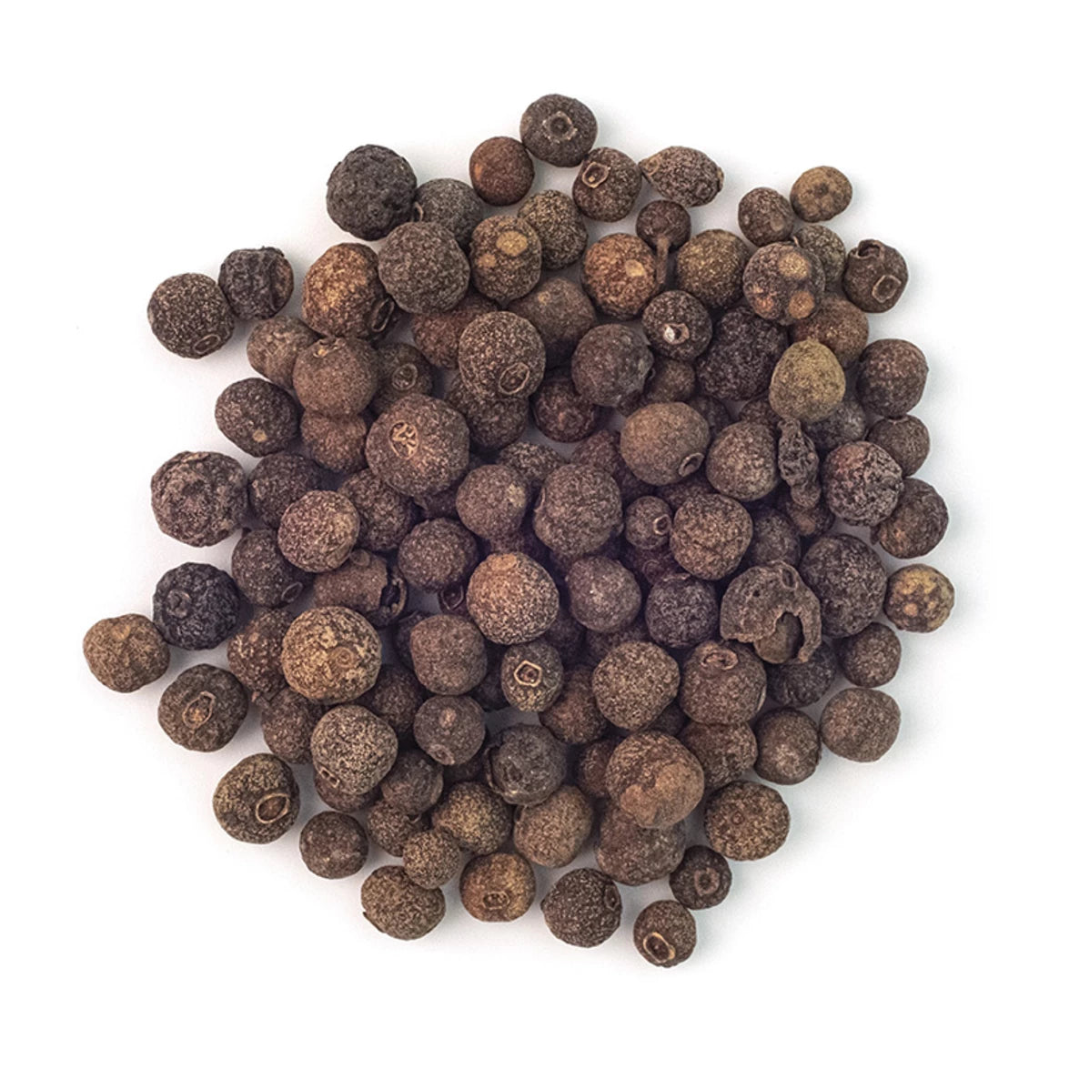Kasa kokonaisia kuivattuja maustepippurimarjoja on siroteltu valkoiselle taustalle, esitellen niiden rikasta ruskeaa väriä ja aromaattista vetovoimaa. Marjat ovat pyöreitä ja mattapintaisia, joissakin hienoista tekstuurieroista, pakkausta tai etikettejä ei näy, ja kuva on ylhäältä otettu lähikuva. Ihmisiä tai käsiä ei näy kuvassa.