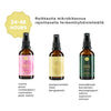 Sopo Deo & Parfum Ancient Rose; kolme suihkepulloa suomenkielisin etiketein: ensimmäisessä vaaleanpunaisia kukkakuvioita, toisessa keltaisessa sitrusaiheisia kuvia ja kolmannessa raikasta vihreää lehvästöä; kaikki pullot muovia valkoisin suihkekärjin ja puolikiiltävällä pinnalla; etiketeissä lihavoitua groteskitekstiä; yläpuolella suomenkielistä tekstiä sekä eloisa keltainen ”24–48 tuntia” -grafiikka; tausta tasainen valkoinen, ei ihmisiä.
