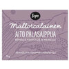 Sopo Mallorcalainen Aito Palasaippua; suorakulmainen violetti saippuapakkaus mattapinnalla nimellä "Mallorcalainen Aito Palasaippua" sekä lisäteksti käytöstä vartalolle, kasvoille ja hiuksille; pakkaus ilmoittaa 75 g oliiviöljypohjaista saippuaa laventelin tuoksulla; typografia yksinkertaista groteskia; taustalla ohutta viivakoristelua; ei ihmisiä eikä käsiä näkyvissä.