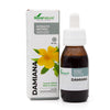Soria Natural Damianauute XXI, 50 ml; ruskea lasipullo valkoisella tippakorkilla suorakaiteen muotoisen pakkauksen vieressä; pakkauksen mattapinnalla näkyvä keltainen kukka ja vihreää groteskitekstiä; pullon etiketissä brändi Soria Natural ja maininta damianauutteesta; neutraali, tasaisesti valaistu tausta ilman ihmisiä tai käsiä.