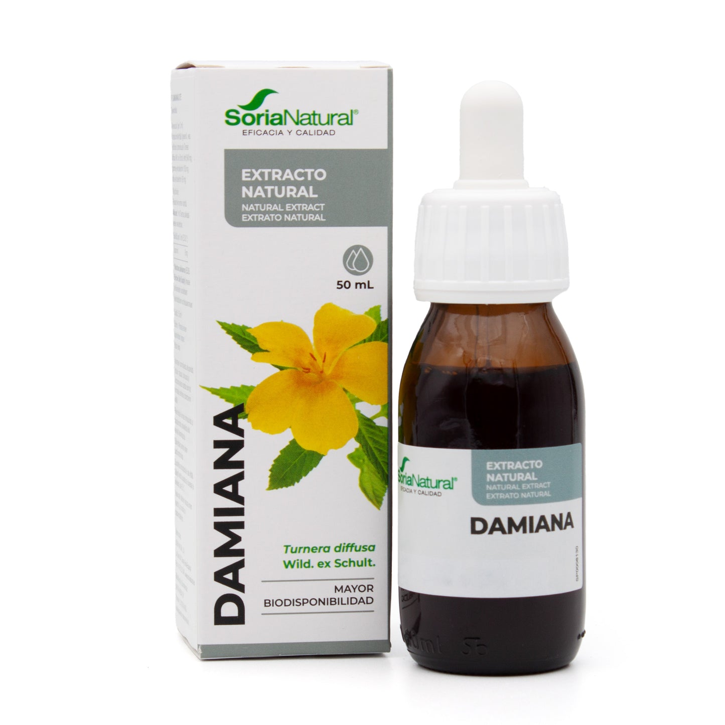 Soria Natural Damianauute XXI, 50 ml; ruskea lasipullo valkoisella tippakorkilla suorakaiteen muotoisen pakkauksen vieressä; pakkauksen mattapinnalla näkyvä keltainen kukka ja vihreää groteskitekstiä; pullon etiketissä brändi Soria Natural ja maininta damianauutteesta; neutraali, tasaisesti valaistu tausta ilman ihmisiä tai käsiä.