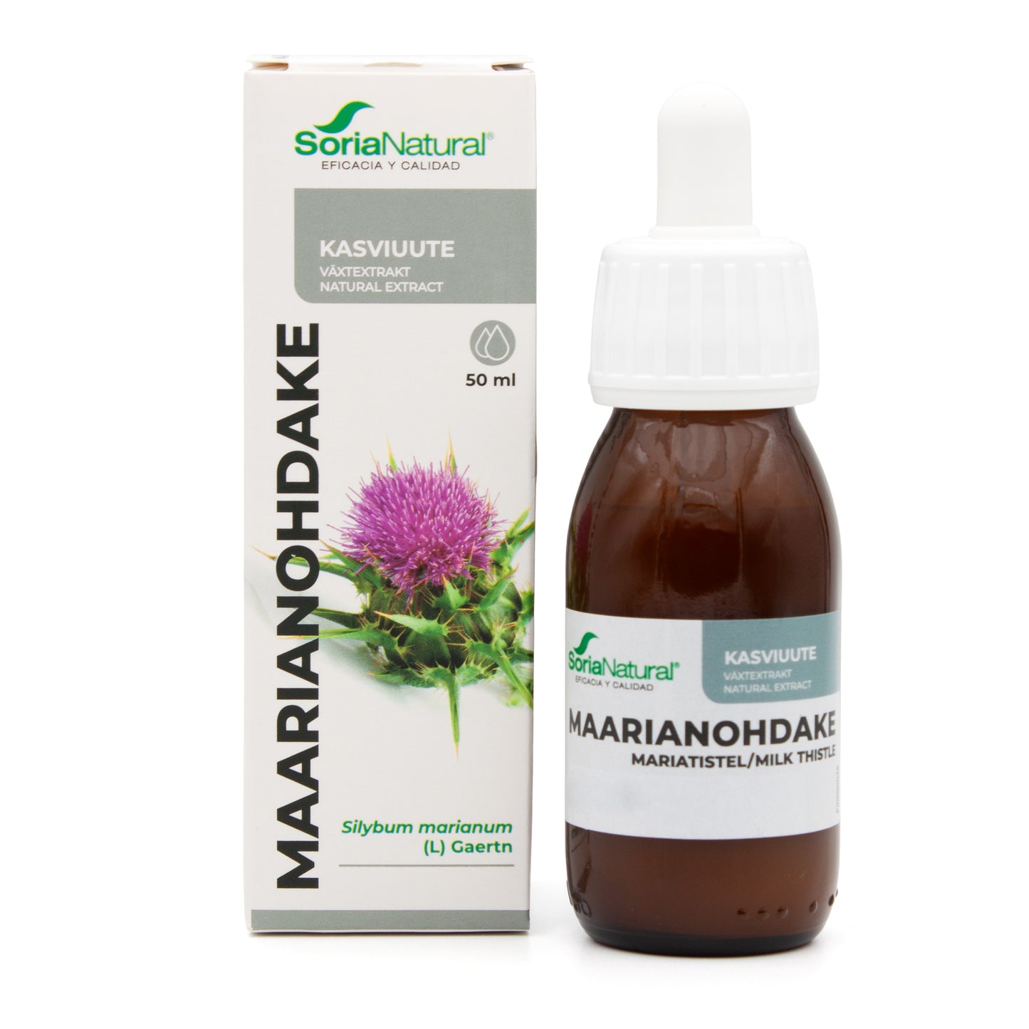 Soria Natural Maarianohdakeuute, 50 ml; tippapullo ja pakkaus, eloisa violetti ohdakkeenkukkakuva ja monikielinen teksti; lasipullo valkoisella etiketillä, mustaa ja vihreää groteskitekstiä; pakkaus enimmäkseen valkoinen kiiltäväpinnalla, vihrein aksentein, lihavoitu musta tuotenimi ja realistinen ohdakekuva; valkoinen tausta, ei ihmisiä; studiokuva.