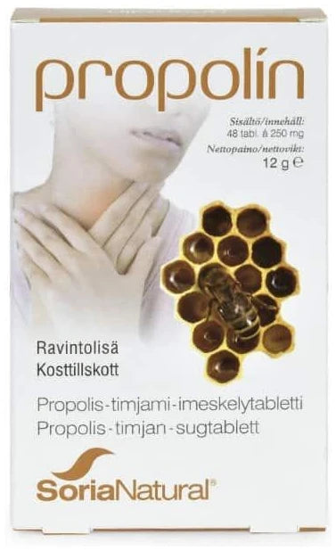 Soria Natural Propolin; Soria Natural Propolín-imeskelytablettipakkaus, suorakaiteen muotoinen mattapintainen, painetulla hunajakennokuviolla, mehiläisellä ja vihreillä timjaminlehdillä; etiketissä Soria Natural -brändäys ja selkeä lihavoitu tuoteteksti; taustalla epätarkka kuva henkilöstä koskettamassa kurkkuaan.
