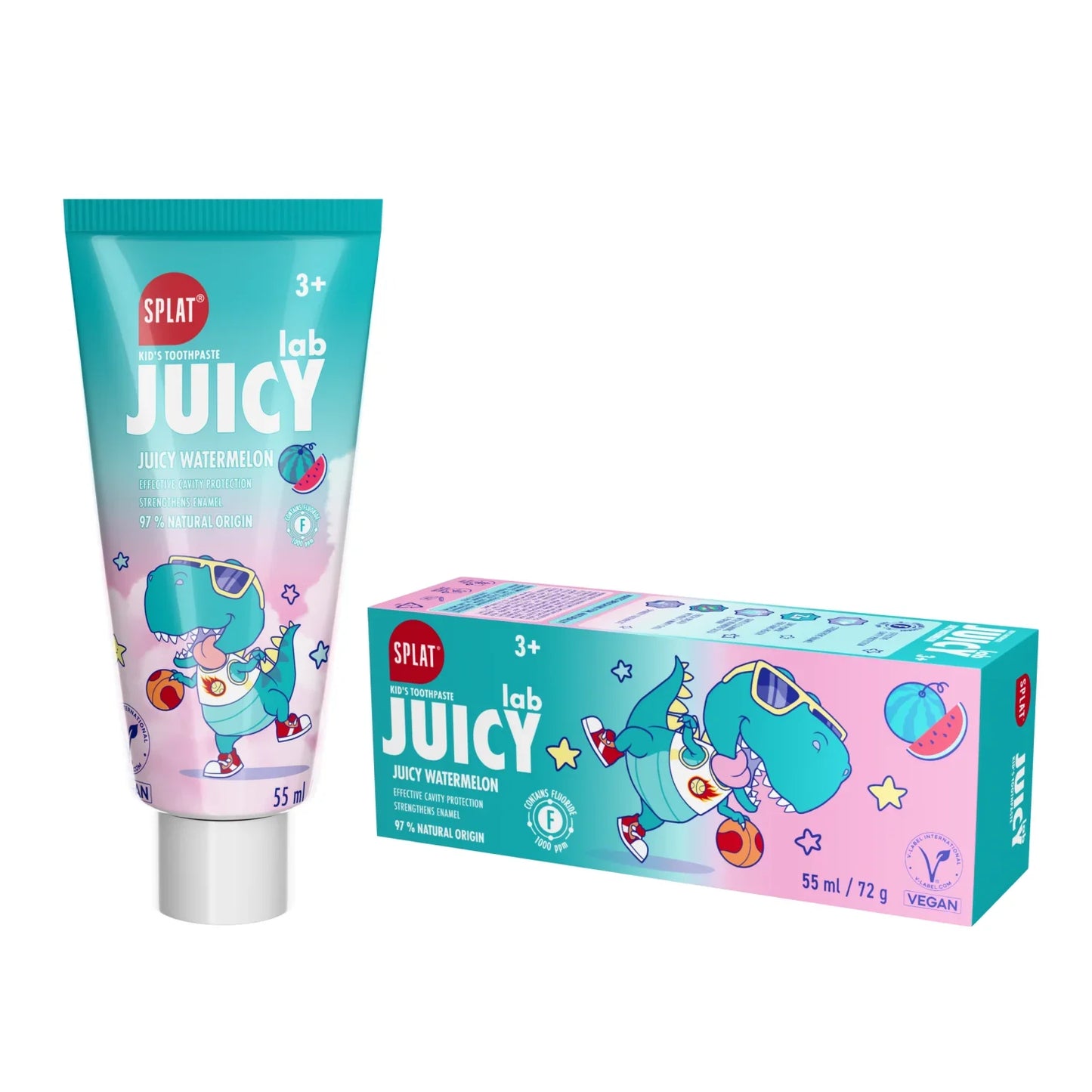 Splat Juicy Lab Juicy Watermelon -lasten hammastahna: turkoosi tuubi ja pakkaus dinosaurushahmolla, 55 ml
