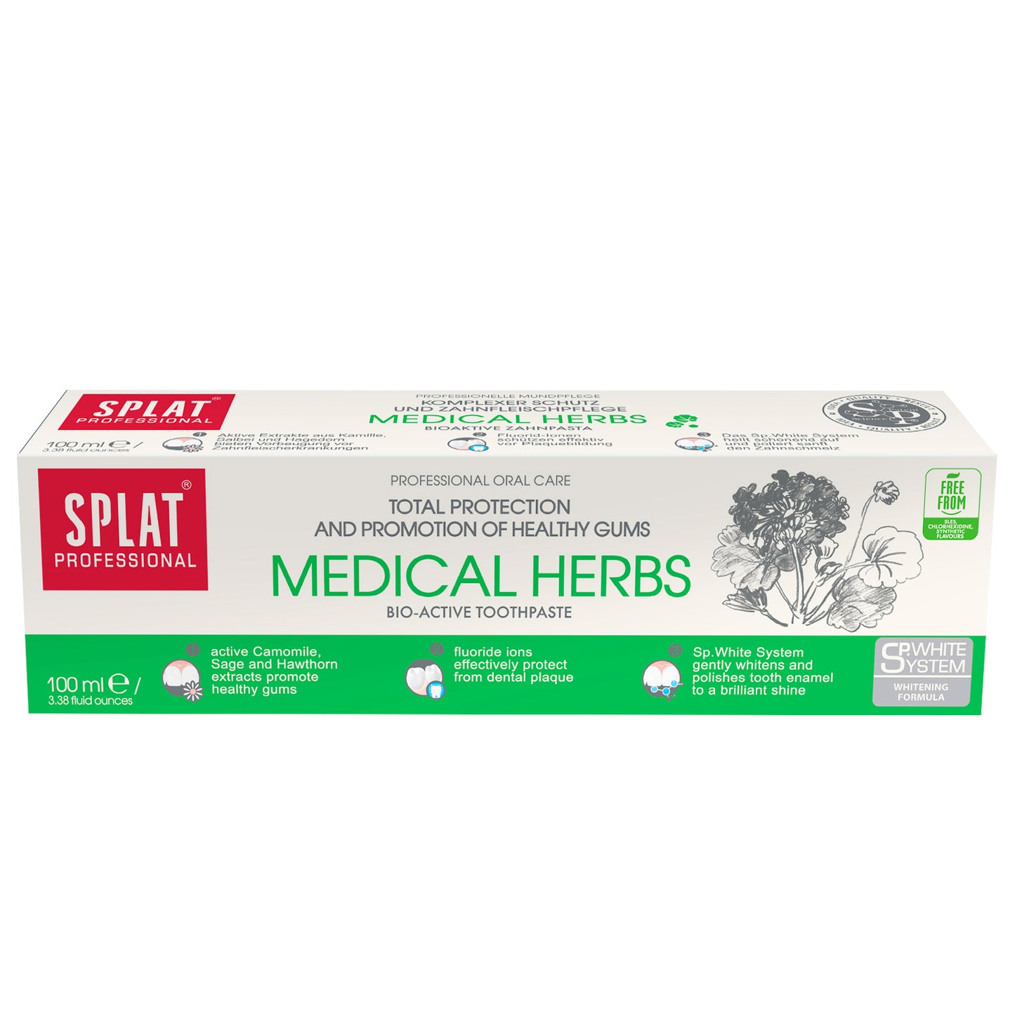Splat Professional Medical Herbs -pakkauksen etupuoli: kokonaisvaltainen suoja ja ikenien hoito, 100 ml