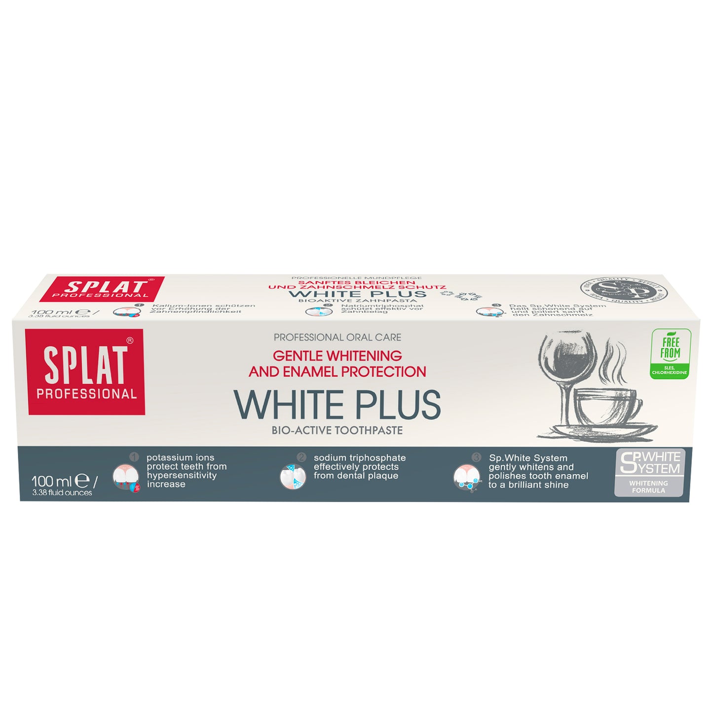 Splat Professional White Plus -pakkauksen etupuoli: hellävarainen valkaisu ja kiilteen suoja, 100 ml