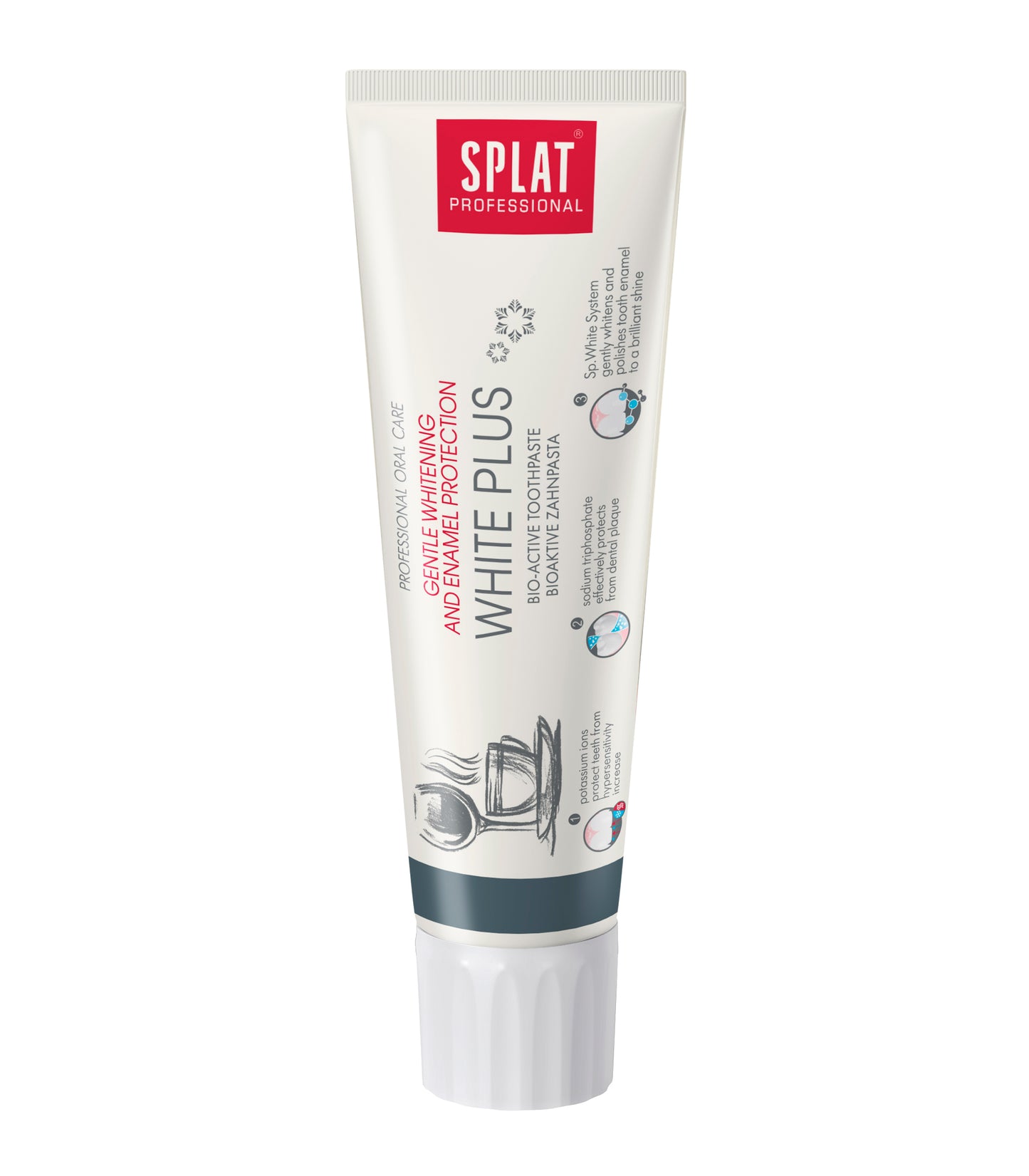 Valkoinen Splat Professional White Plus -hammastahnatuubi harmaalla raidalla