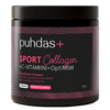 Puhdas+ Sport Collagen & C-vitamiini & OptiMSM -purkki; tyylikäs musta sylinterimäinen muovipurkki hydrolysoidulle kollageenille C-vitamiinilla ja OptiMSM:llä; pinta mattapintainen, kierrekansi; etiketissä lihavoitua pinkkiä ja valkoista tekstausvapaata typografiaa modernissa asettelussa; "260 g" selvästi merkitty sekä maininta "made in Finland"; tausta yksinkertainen; ei ihmisiä näkyvissä.
