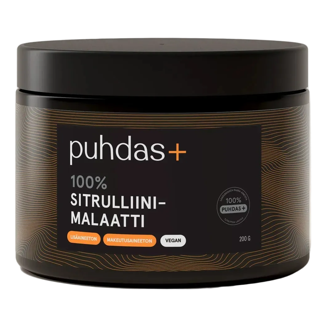 Puhdas+ Sport Collagen Hydrolysate -tuote; musta sylinterimäinen muovipurkki mattapinnalla, oranssia ja valkoista lihavoitua tekstausvapaata tekstiä; etiketissä lukee "puhdas+ 100% SITRULLIINI-MALAATTI", korostetaan vegaanisia raaka-aineita sekä lisäaine- ja makeutusainevapautta, nettopaino 200 g; ei käsiä tai ihmisiä; tausta yksivärinen; lähikuva tuotteesta.