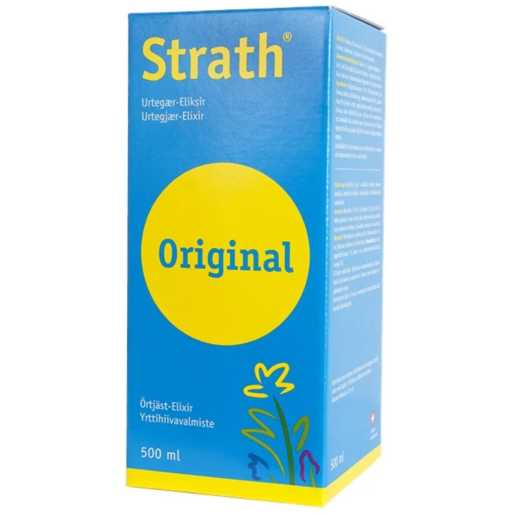 Strath Original -yrttielisiiripakkaus, 500 ml, sininen-keltainen suorakaiteen muotoinen mattapintainen rasia, pieni kukkakuvitus alaosassa, teksti usealla kielellä luonnollisista ainesosista